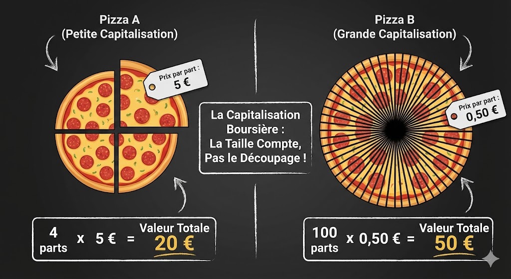 Schéma explicatif de la capitalisation boursière avec des pizzas
