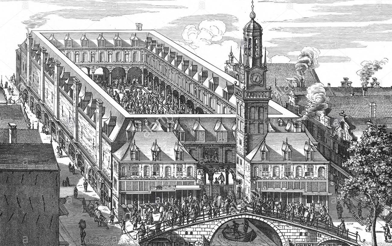 Peinture de la première bourse d'Amsterdam au 17ème siècle